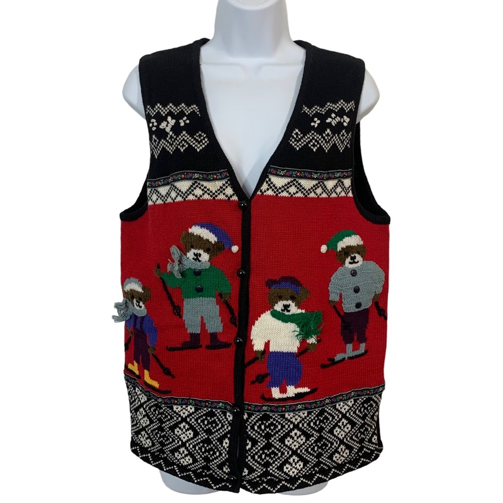 CAPACITY Vintage Christmas Ski Bear Button Up Sweater Vest Sz M